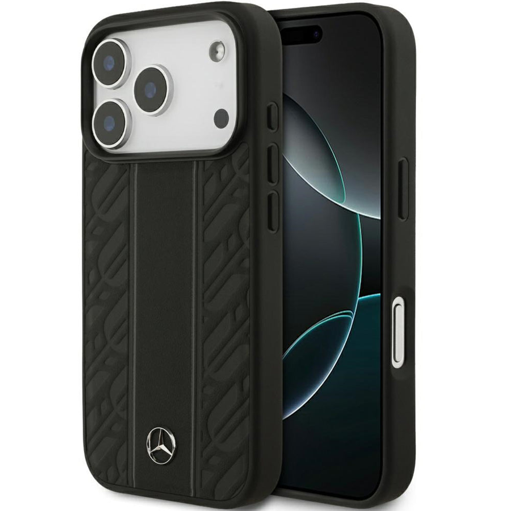 Handyhülle für iPhone 18 Pro / 17 Pro, Mercedes-Benz Leather Laurel Leaves Stripes mit MagSafe, Schwarz
