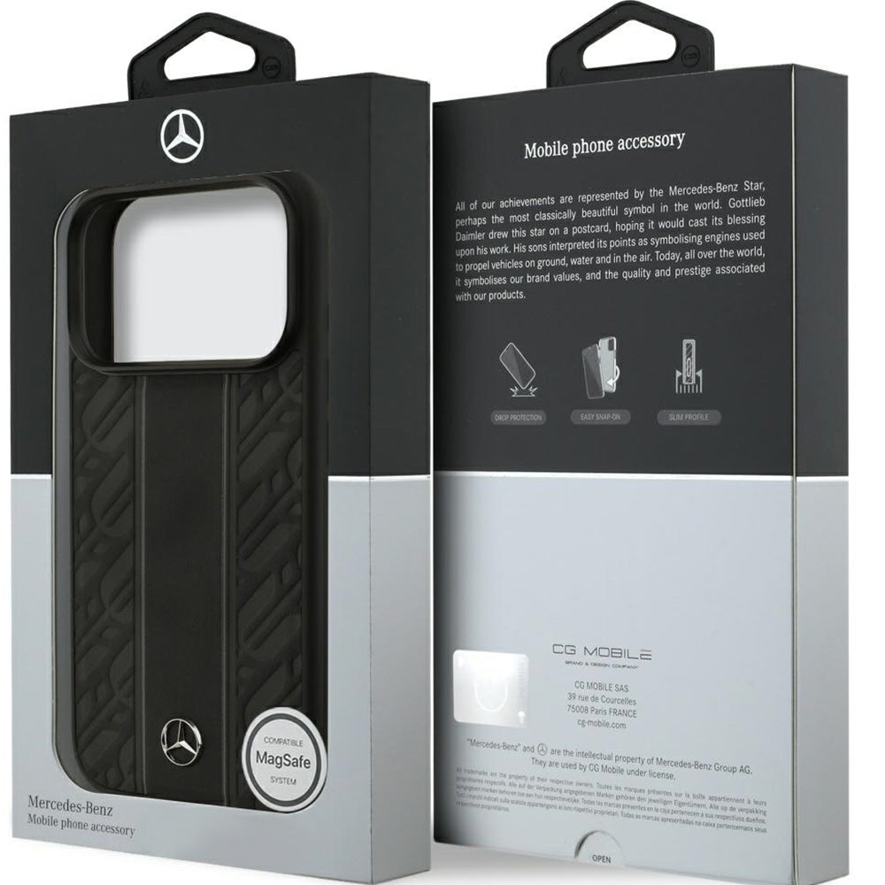 Handyhülle für iPhone 18 Pro / 17 Pro, Mercedes-Benz Leather Laurel Leaves Stripes mit MagSafe, Schwarz