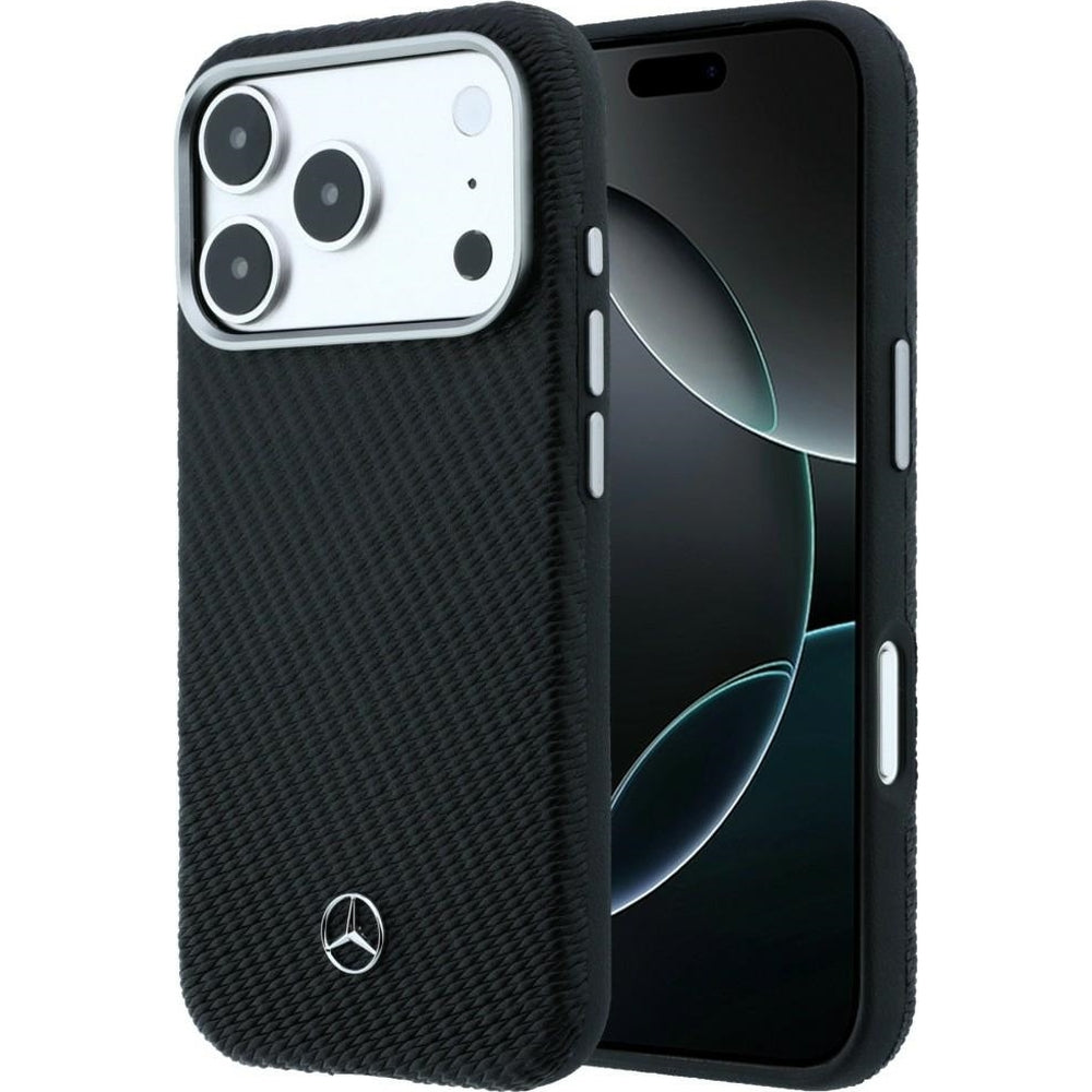 Handyhülle für iPhone 17 Pro, Mercedes-Benz Leather Semi Wrap Wood Effect MagSafe, Schwarz