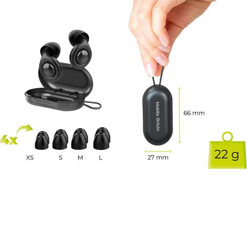 Silikon-Ohrstöpsel mit Hülle und austauschbaren Ohrpassstücken in den Größen XS, S, M, L, Mobile Origin Sleeping Earplugs 32 dB EA1, Schwarz