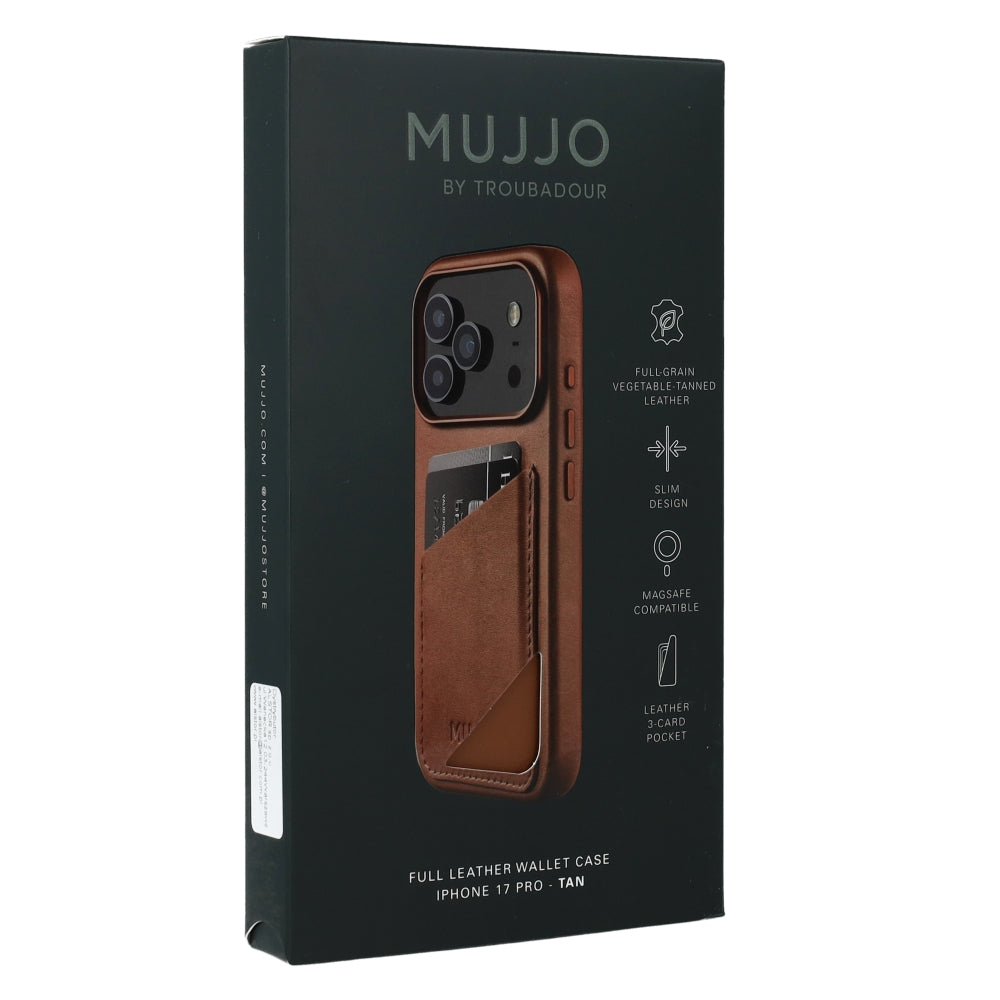 Handyhülle für iPhone 17 Pro, Mujjo Full Leather Wallet Case MagSafe Braun