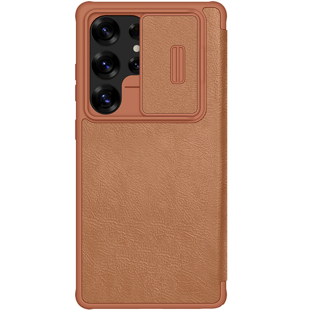 Handyhülle mit Klappe und Kameraschutz für Galaxy S25 Ultra, Nillkin Qin Pro, Braun