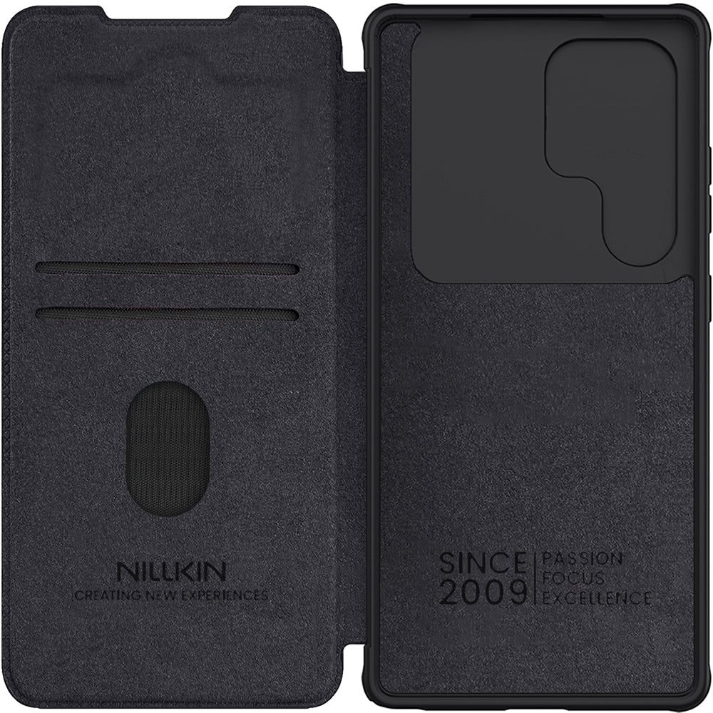 Handyhülle mit Klappe und Kameraschutz für Galaxy S25 Ultra, Nillkin Qin Pro, Schwarz