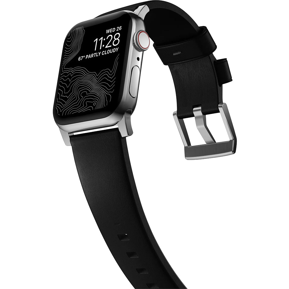 Lederarmband für Apple Watch 49/46/45/44 mm, Nomad Modern Band, Schwarz-Silbern