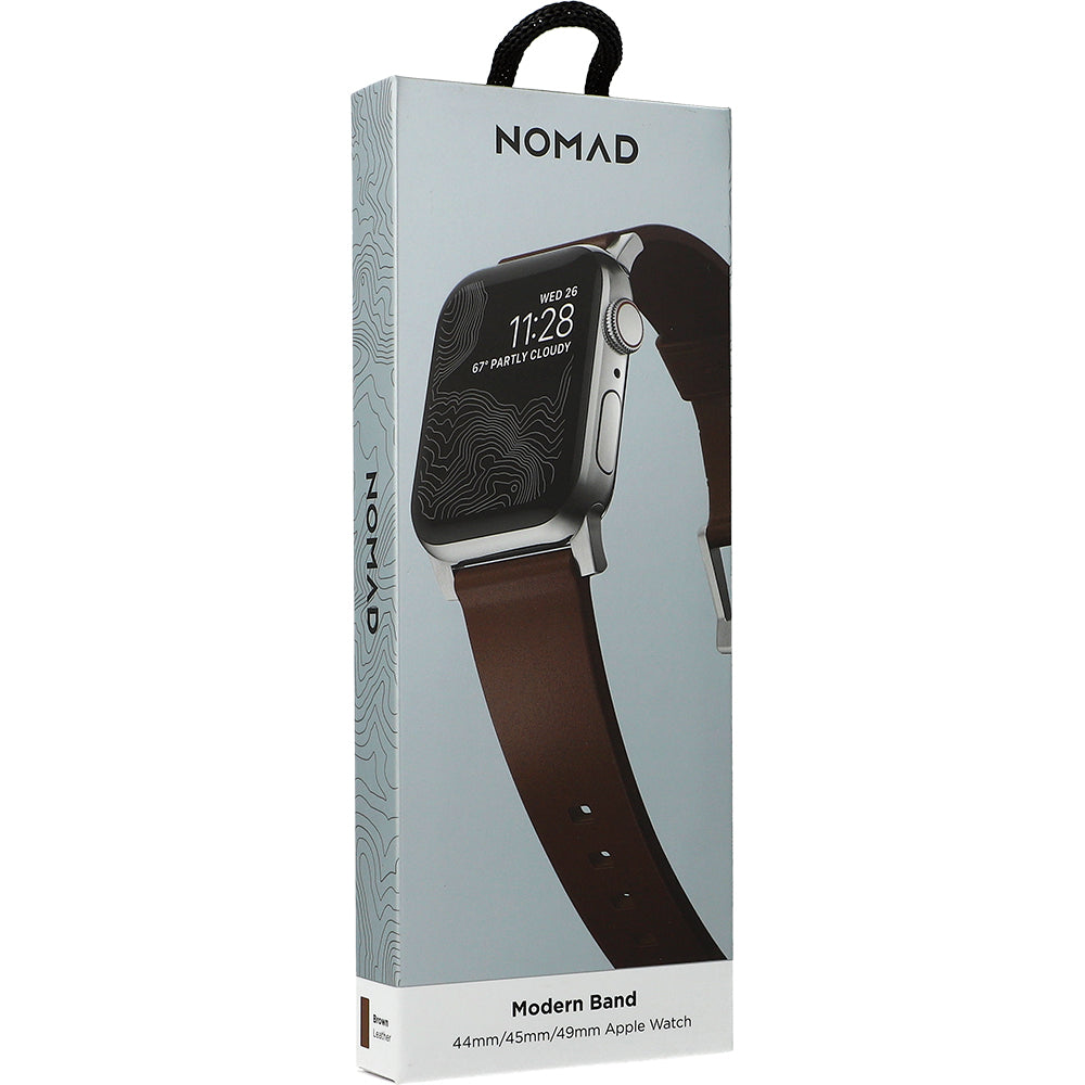 Lederarmband für Apple Watch 49/46/45/44 mm, Nomad Modern Band, Braun-Silbern