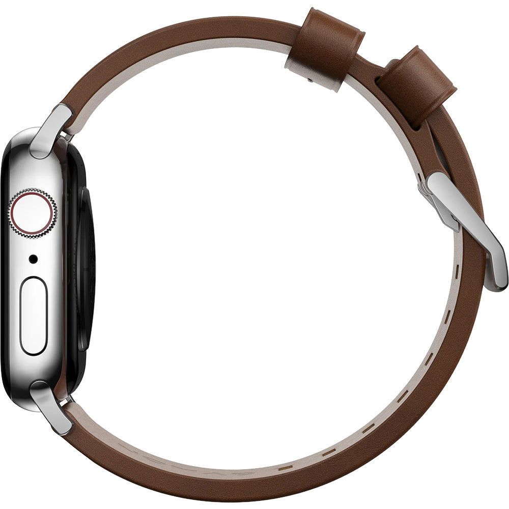 Lederarmband für Apple Watch 49/46/45/44 mm, Nomad Modern Band, Braun-Silbern