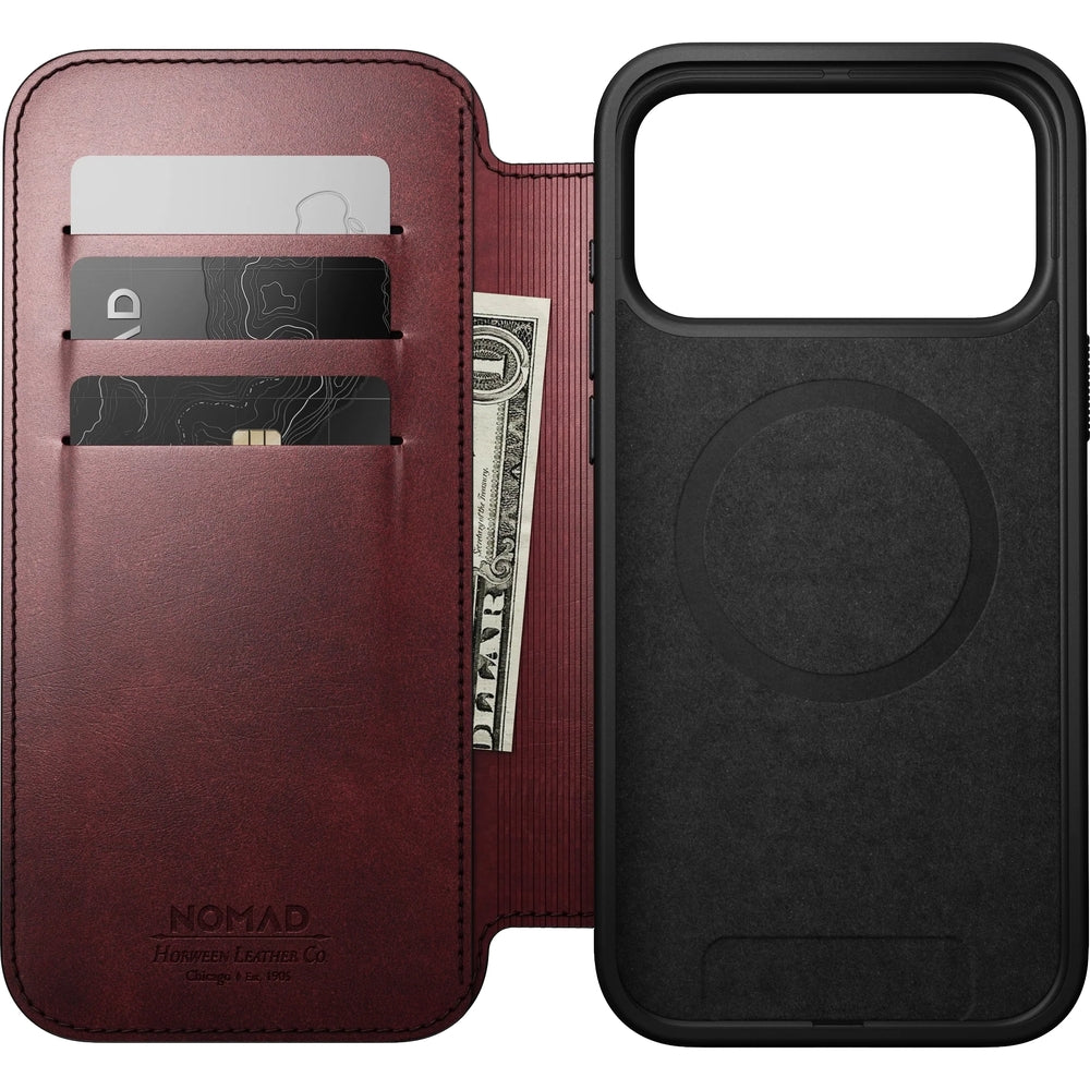 Handyhülle mit Klappe für iPhone 17 Pro Max, Nomad Modern Leather Folio Horween Series mit MagSafe, Kastanienbraun