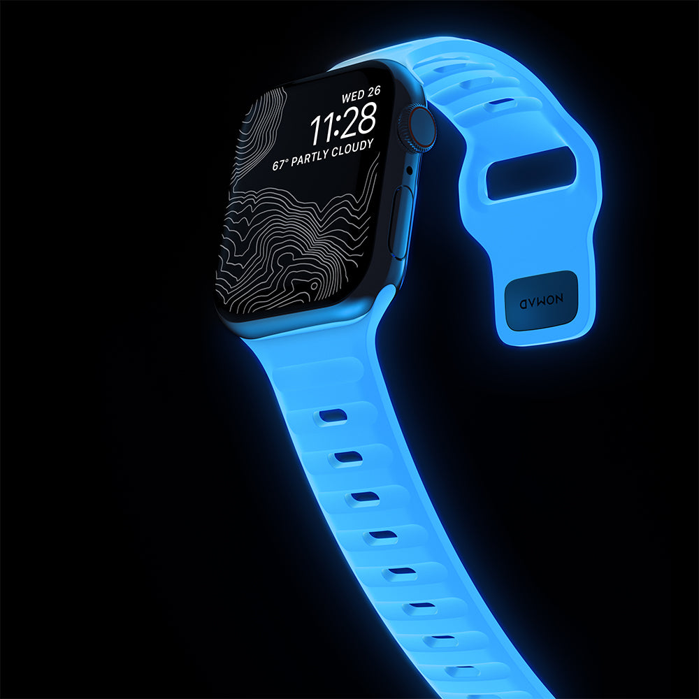 Armband für Apple Watch 49/46/45/44 mm, Nomad Sport Strap, Weiß, leuchtet im Dunkeln Blau