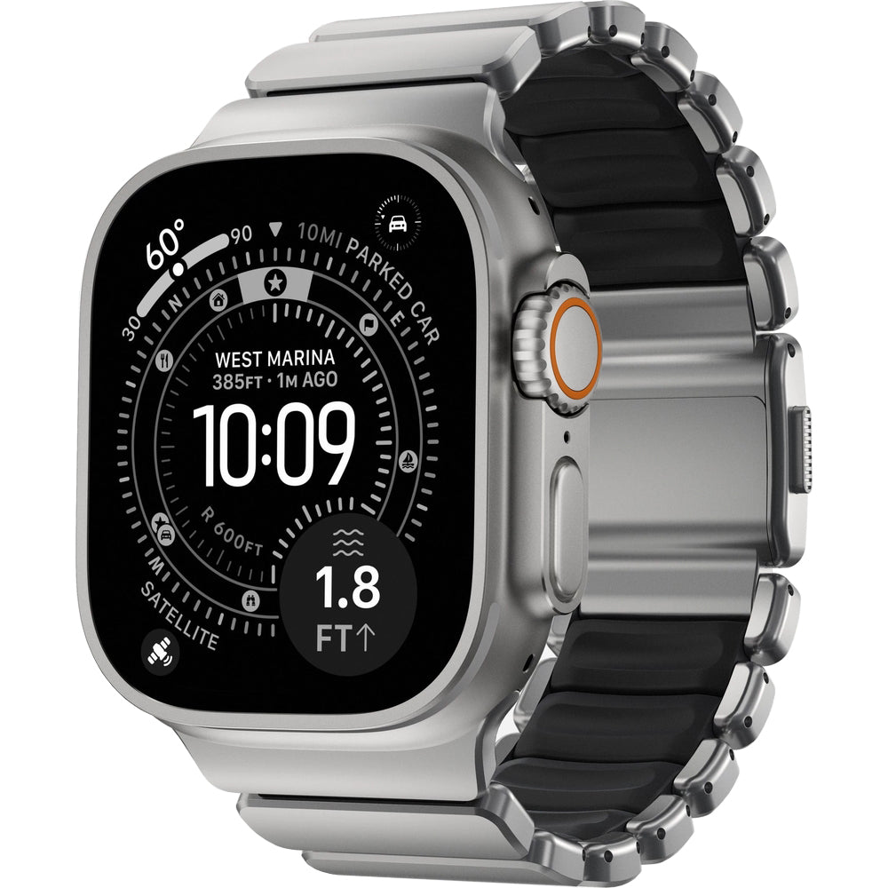 Armband für Apple Watch 49/46/45/44 mm, Nomad Stratos Band, Silber-schwarzes Titan