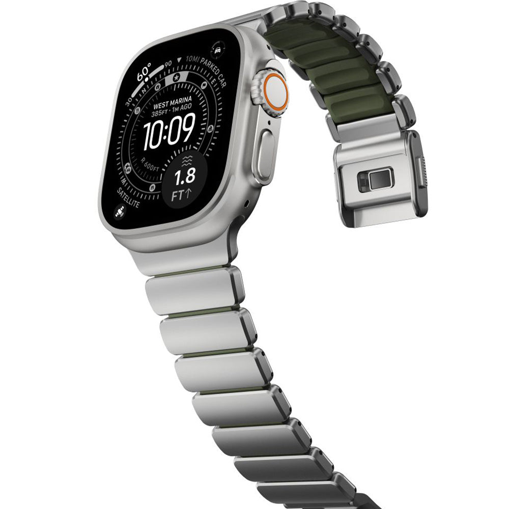 Armband für Apple Watch 49/46/45/44 mm, Nomad Stratos Band, Silber-Schwarz Titan