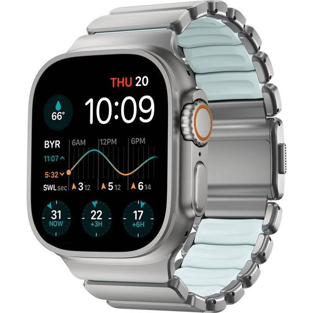 Armband für Apple Watch 49/46/45/44 mm, Nomad Stratos Band, Silbern-blau Titan