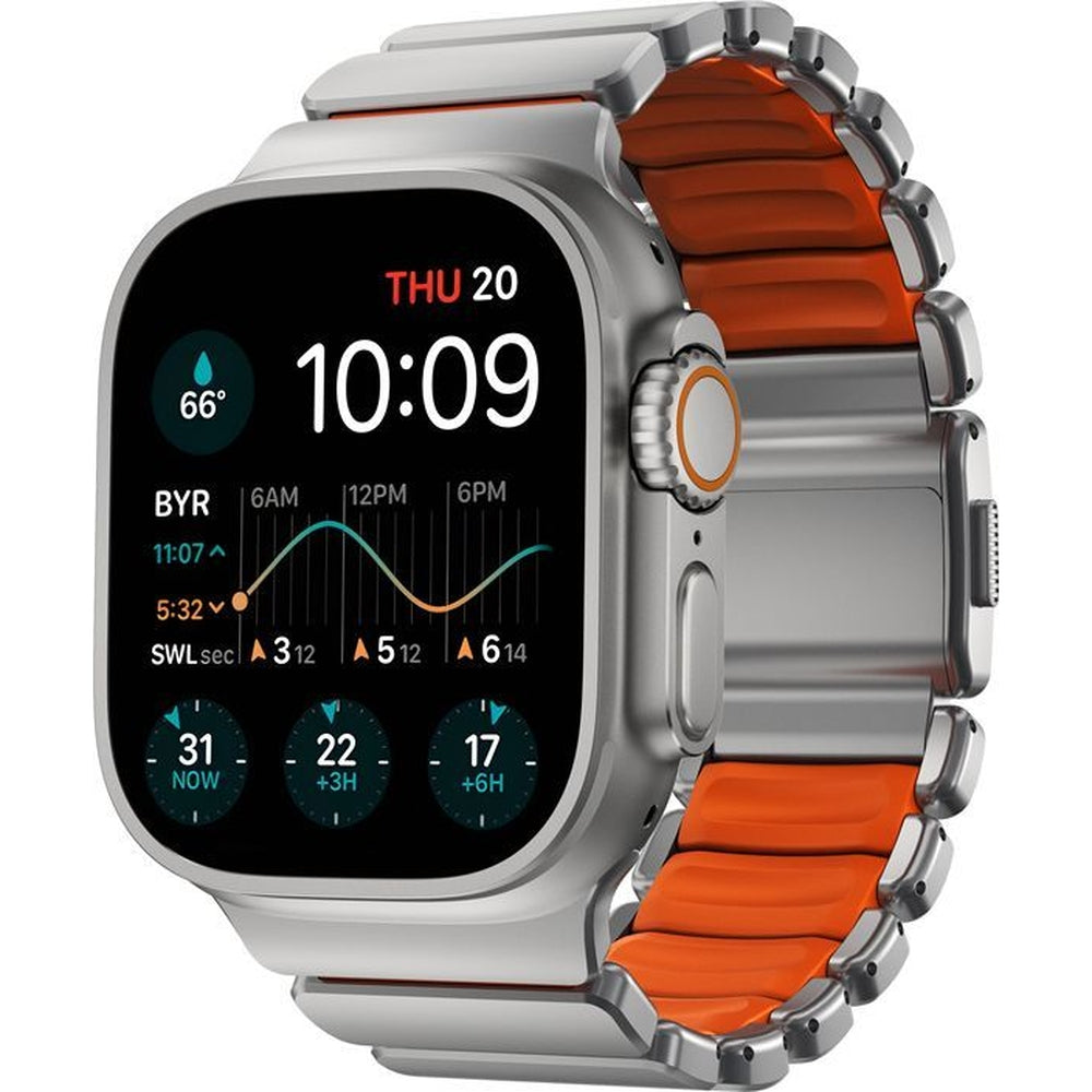 Armband für Apple Watch 49/46/45/44 mm, Nomad Stratos Band, Silbern-orange Titan