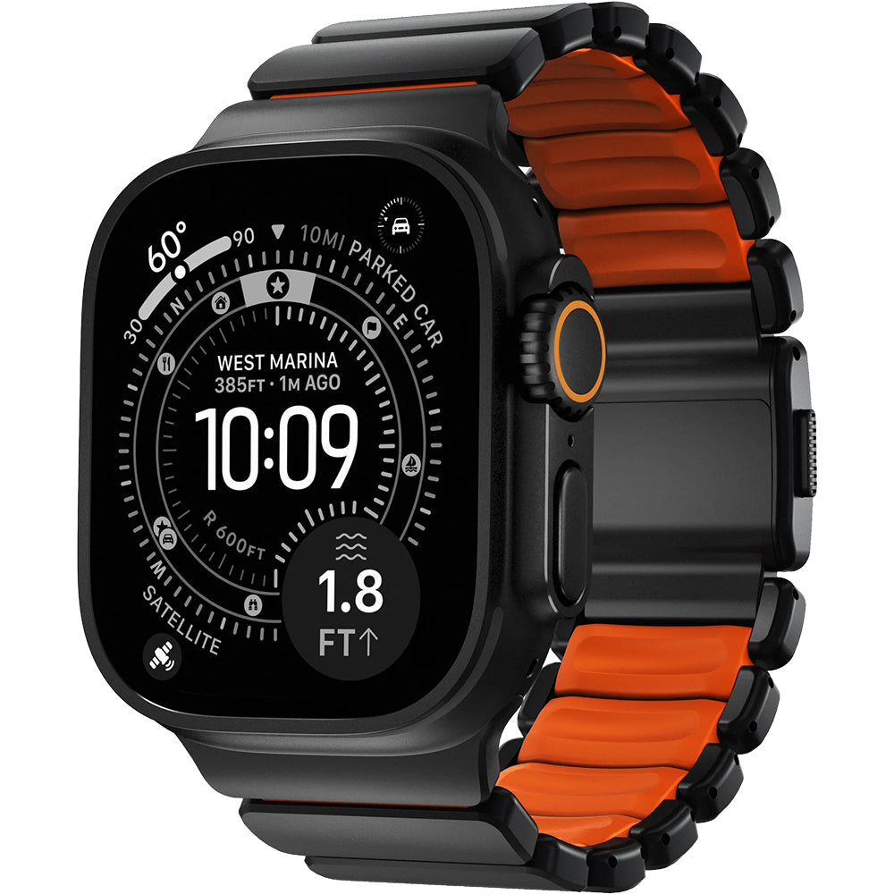Armband für Apple Watch 49/46/45/44 mm, Nomad Stratos Band, Schwarz-Orange Titan