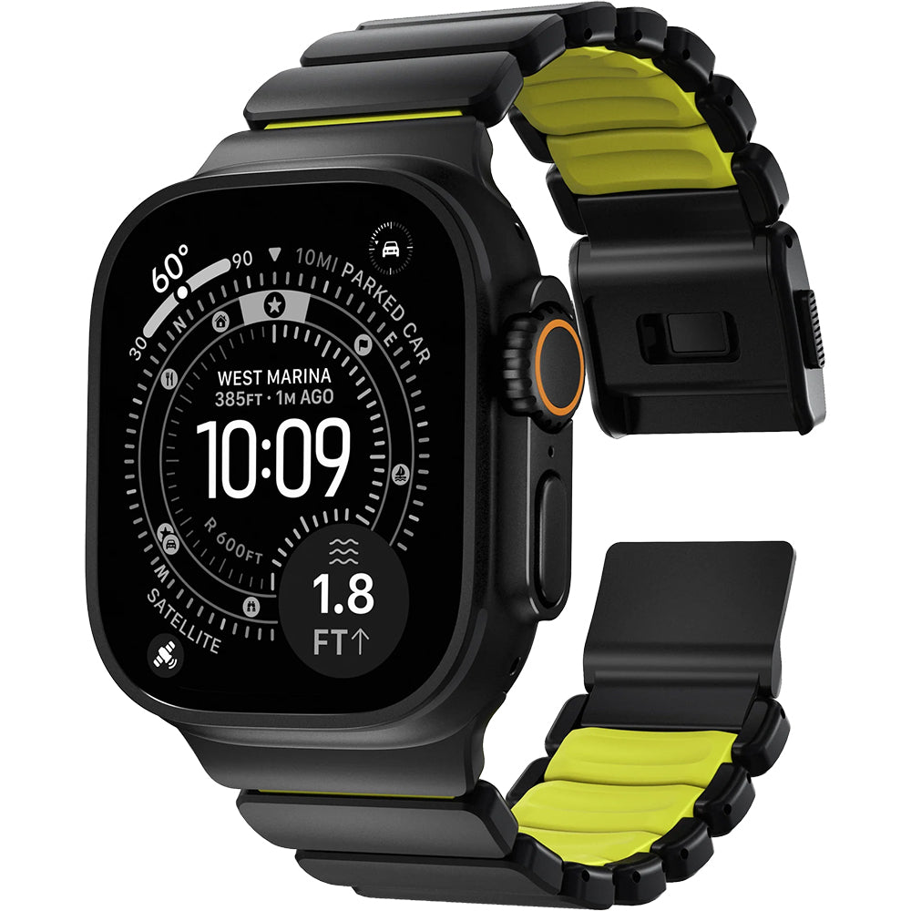 Armband für Apple Watch 49/46/45/44 mm, Nomad Stratos Band, Schwarz-Gelber Titan