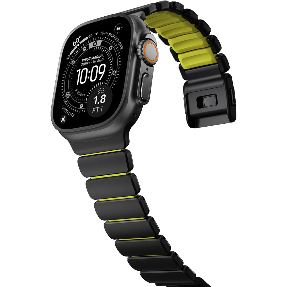 Armband für Apple Watch 49/46/45/44 mm, Nomad Stratos Band, Schwarz-Gelber Titan