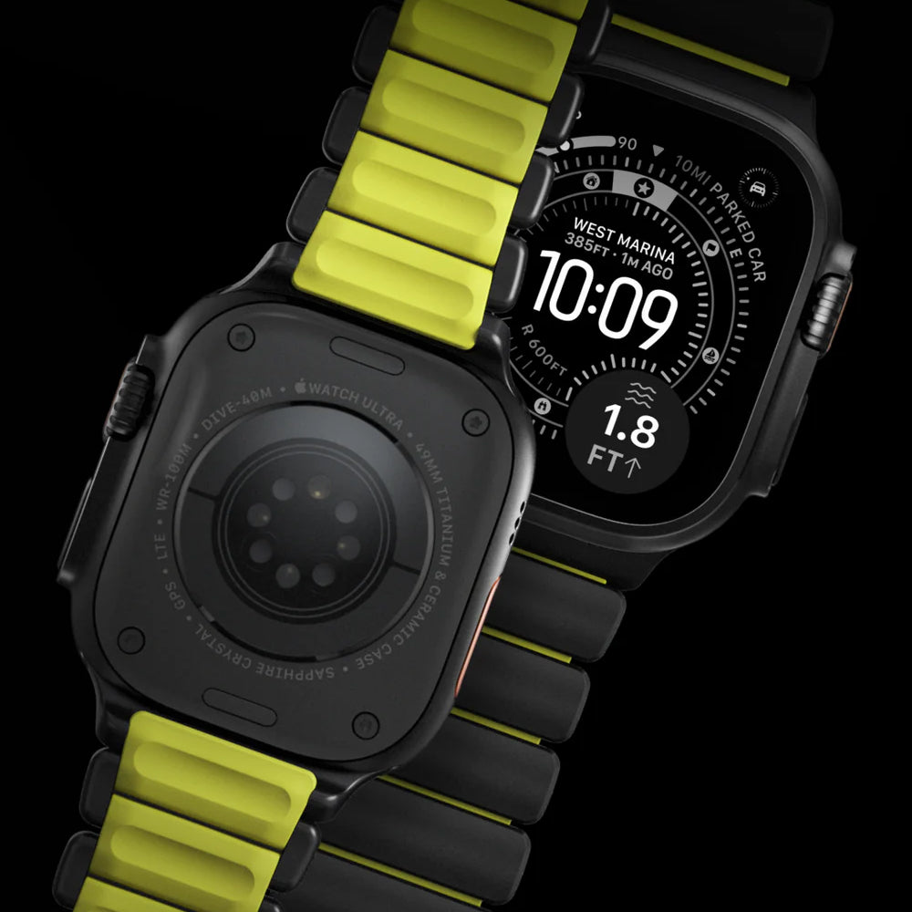 Armband für Apple Watch 49/46/45/44 mm, Nomad Stratos Band, Schwarz-Gelber Titan