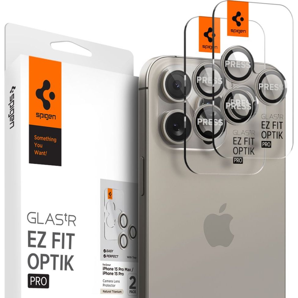 Glas für die Kamera Spigen Glas.tR Ez Fit Optik Pro 2-Pack für iPhone 16 Pro / 16 Pro Max / 15 Pro / 15 Pro Max / 14 Pro / 14 Pro Max, Schwarz-Beige