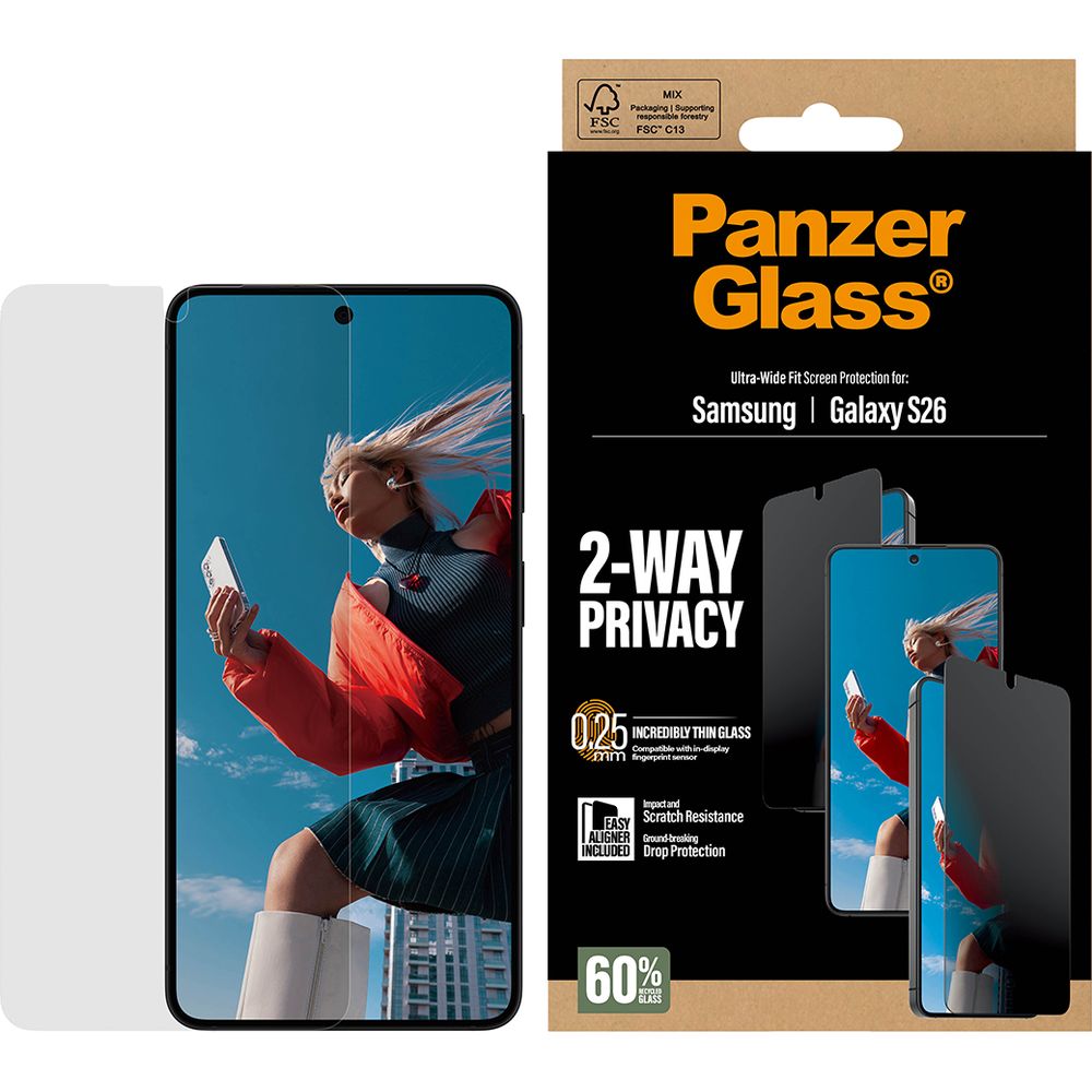 Sichtschutzglas mit Applikator für Galaxy S26, PanzerGlass 2-Way Privacy Ultra-Wide Fit EasyAligner