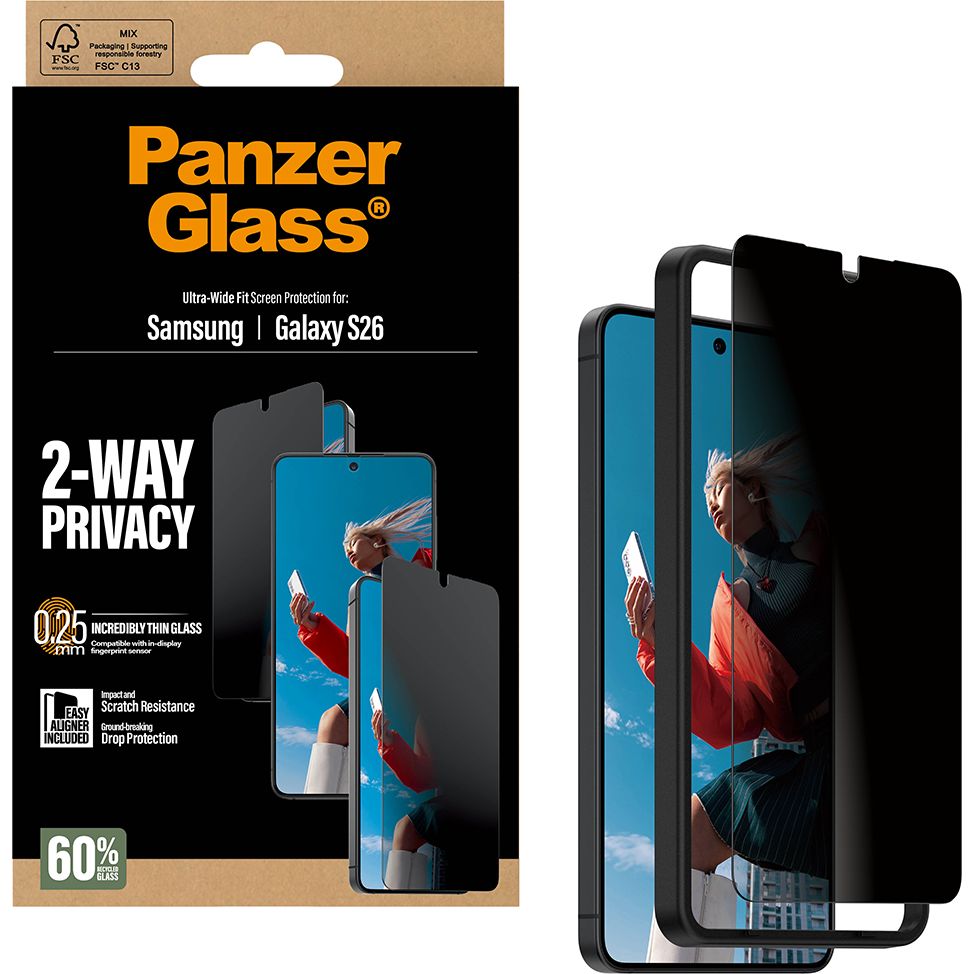 Sichtschutzglas mit Applikator für Galaxy S26, PanzerGlass 2-Way Privacy Ultra-Wide Fit EasyAligner