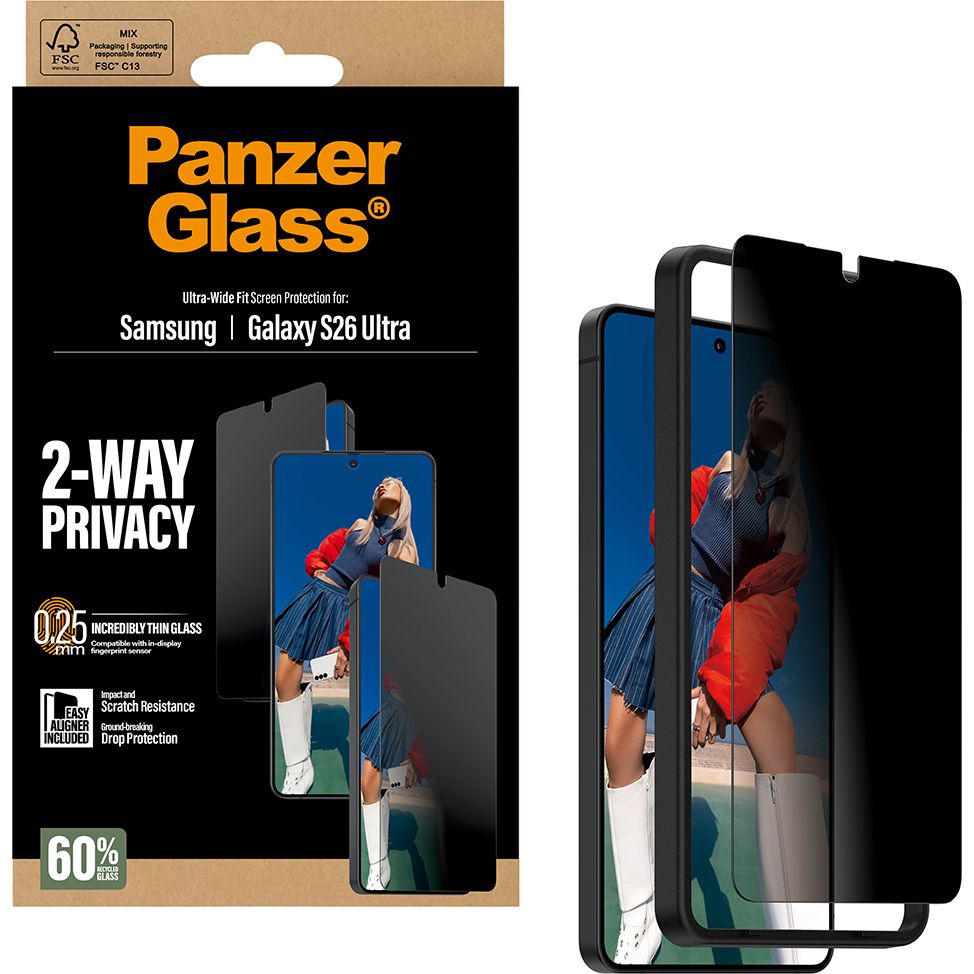 Sichtschutzglas mit Applikator für Galaxy S26 Ultra, PanzerGlass 2-Way Privacy Ultra-Wide Fit EasyAligner