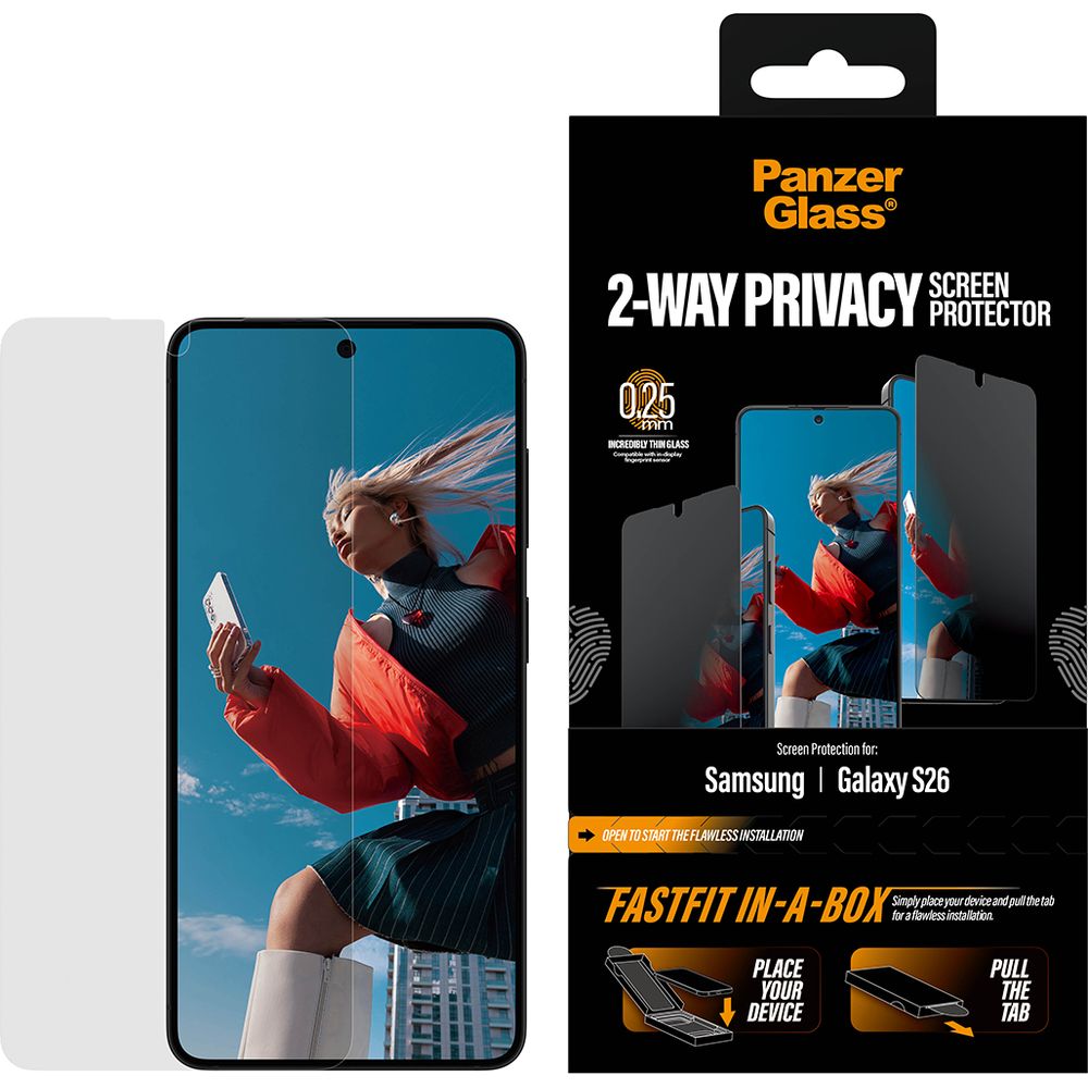 Sichtschutzglas mit Applikator für Galaxy S26, PanzerGlass 2-Way Privacy Ultra-Wide Fit FastFit