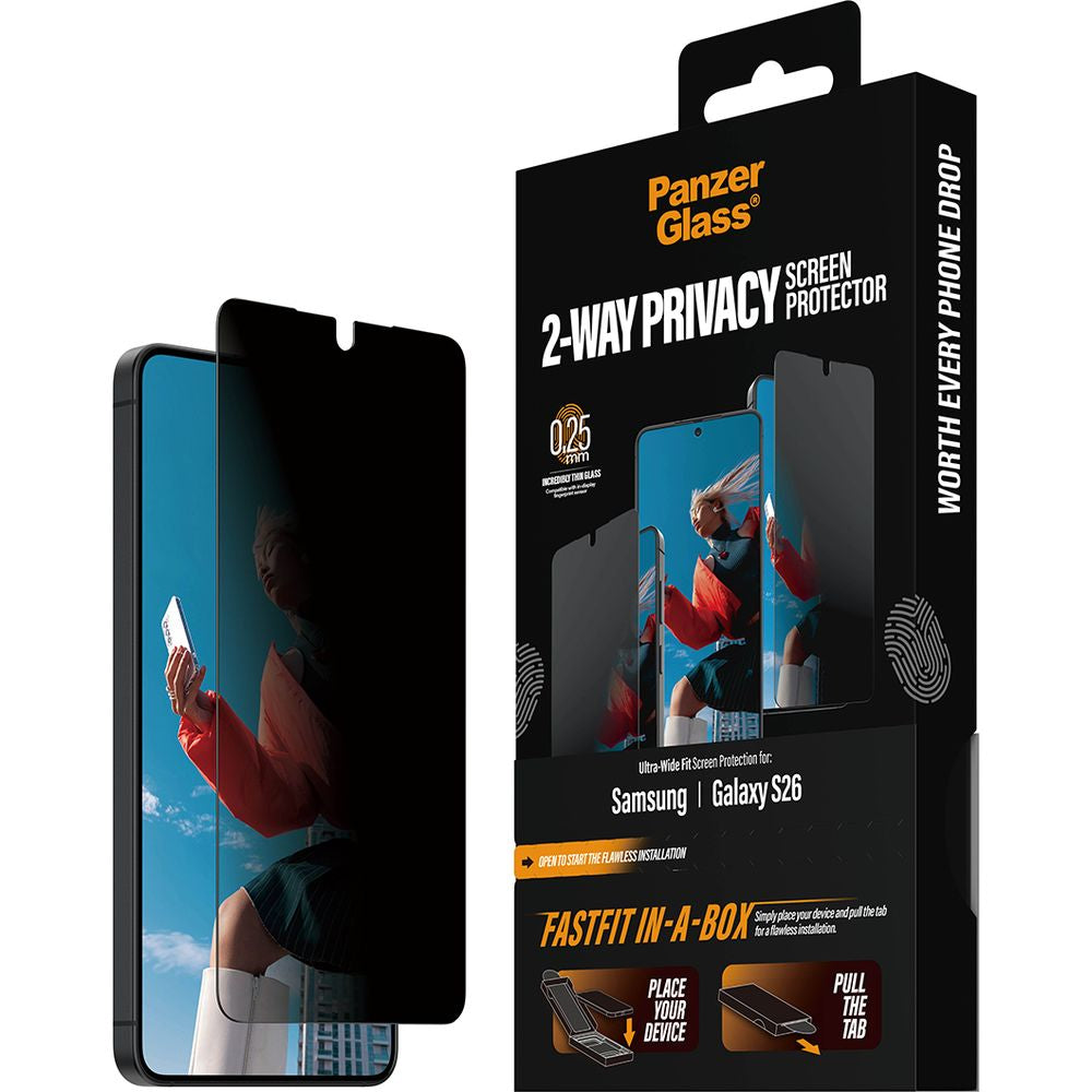 Sichtschutzglas mit Applikator für Galaxy S26, PanzerGlass 2-Way Privacy Ultra-Wide Fit FastFit