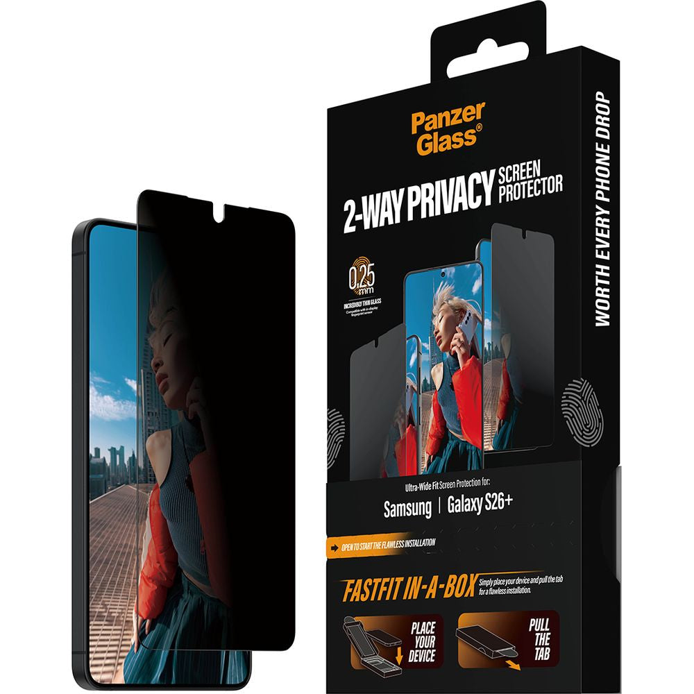 Sichtschutzglas mit Applikator für Galaxy S26 Plus, PanzerGlass 2-Way Privacy Ultra-Wide Fit FastFit