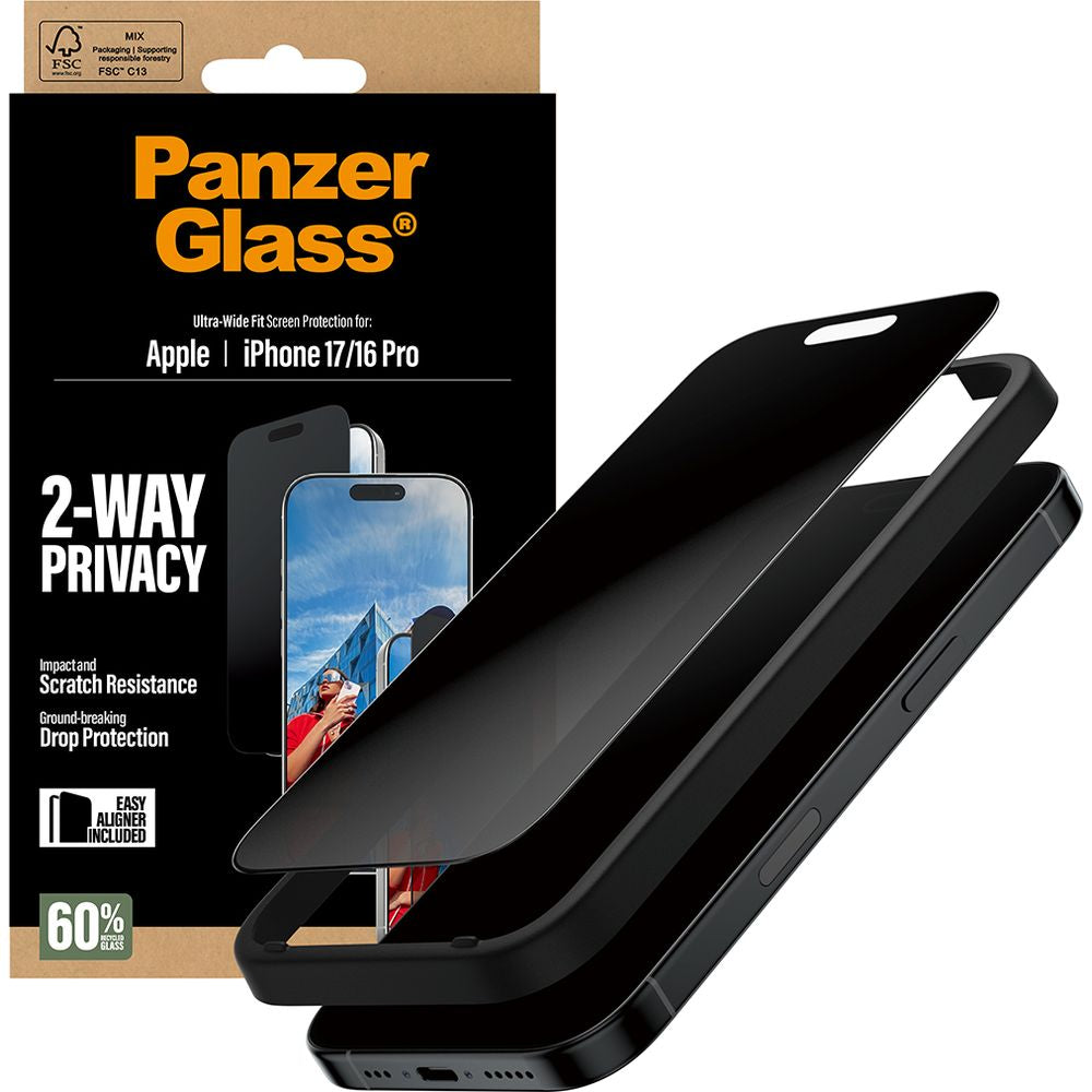 Sichtschutzglas mit Applikator für iPhone 17 / 16 Pro, PanzerGlass 2-way Ultra-Wide Fit Privacy Plus EasyAligner