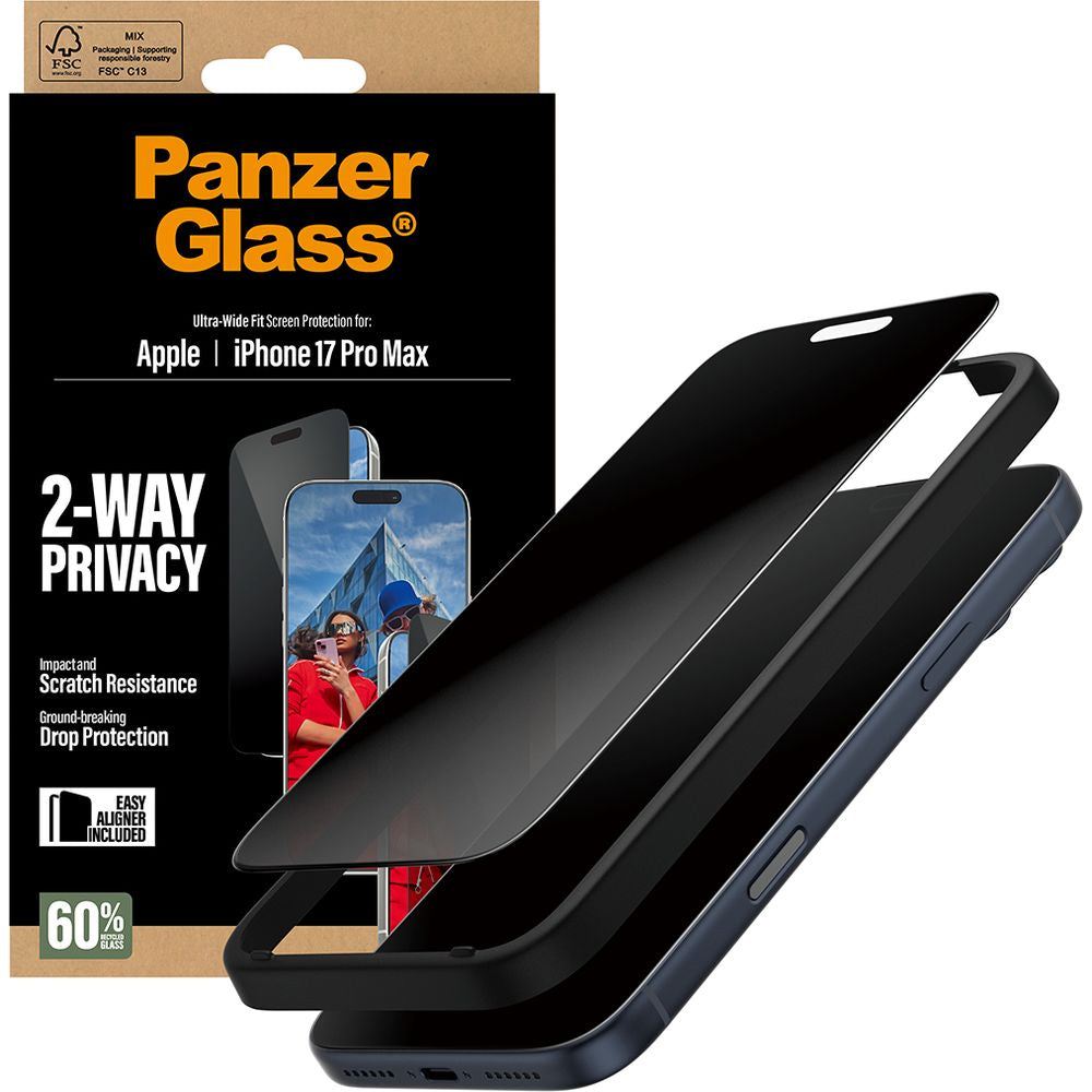 Sichtschutzglas mit Applikator für iPhone 17 Pro Max, PanzerGlass 2-way Ultra-Wide Fit Privacy Plus EasyAligner