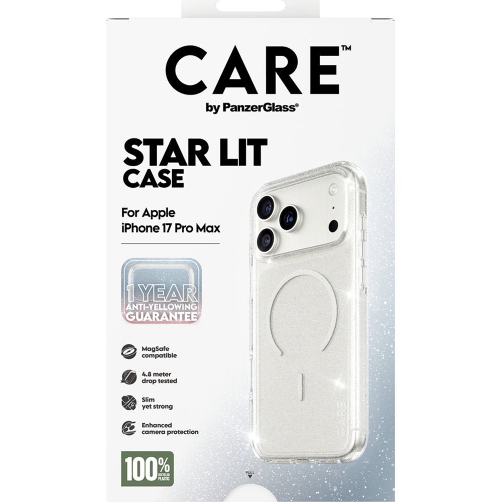 Handyhülle für iPhone 17 Pro Max, CARE by PanzerGlass Flagship Star Lit Case mit MagSafe, Transparent mit Glitzer
