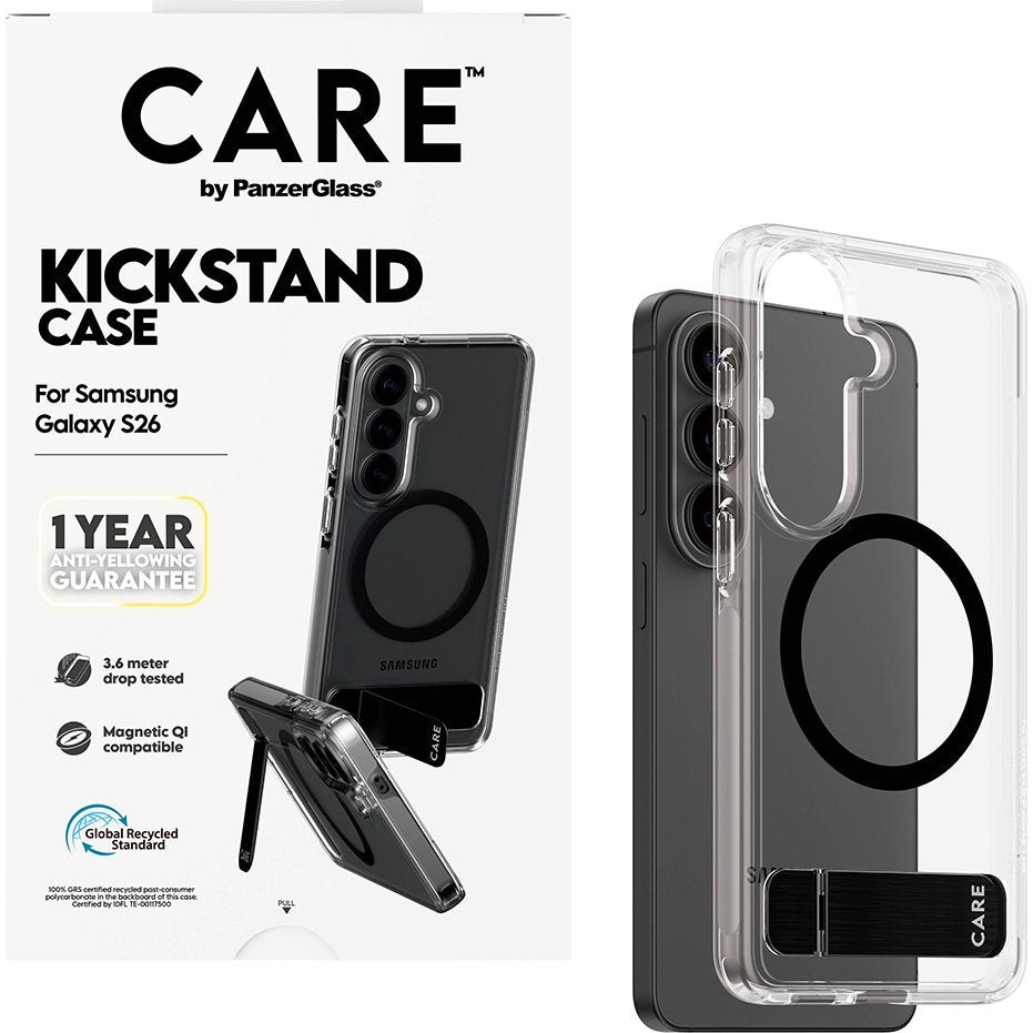 Handyhülle für Galaxy S26, CARE by PanzerGlass Kickstand Case mit MagSafe, Durchscheinend-Schwarz