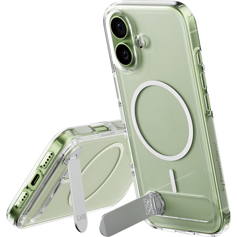 Handyhülle für iPhone 17, CARE by PanzerGlass Kickstand Case mit MagSafe, Transparent und Weiß