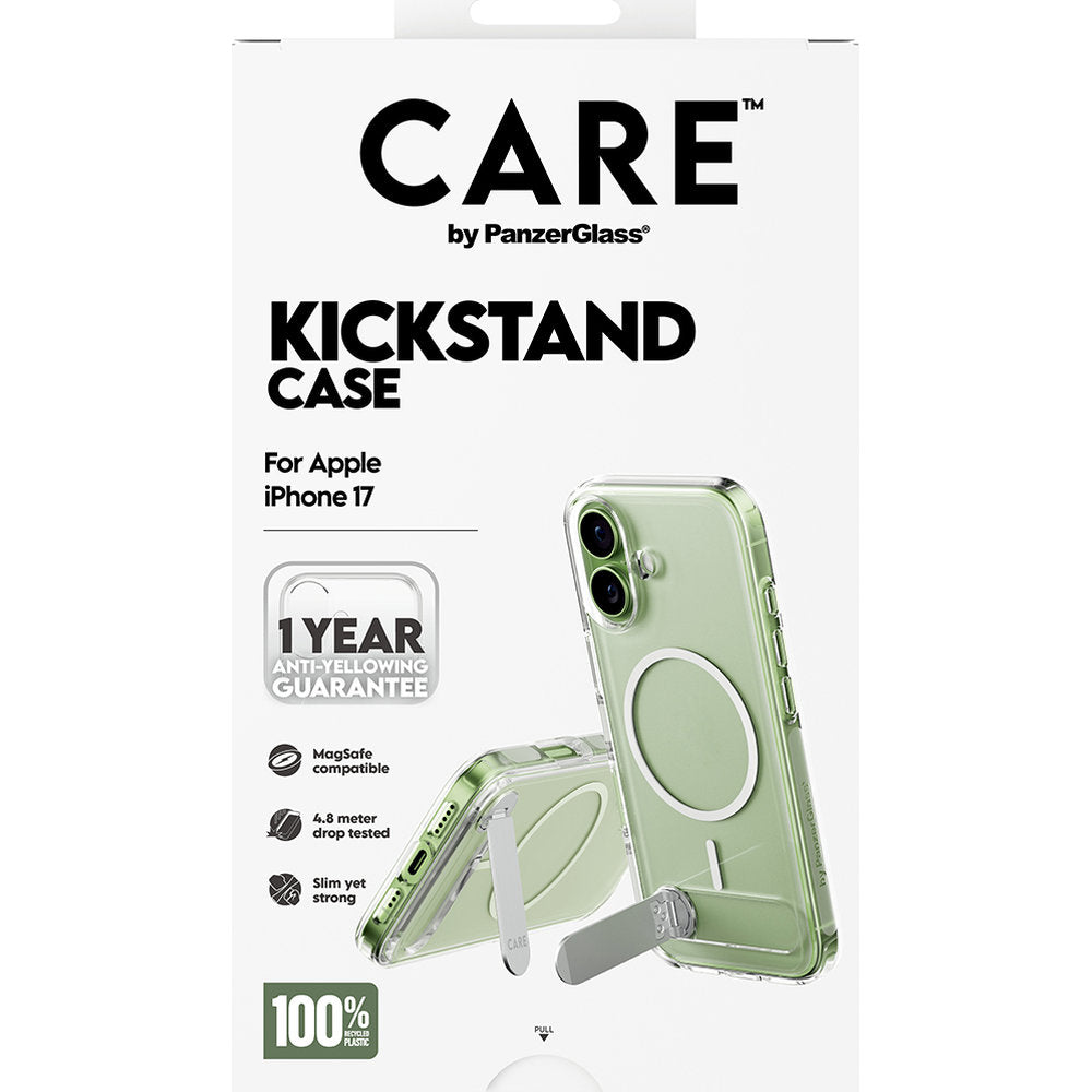 Handyhülle für iPhone 17, CARE by PanzerGlass Kickstand Case mit MagSafe, Transparent und Weiß