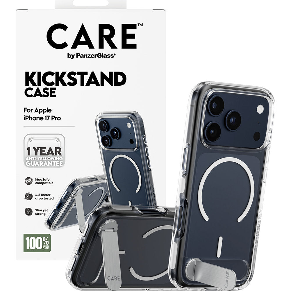 Handyhülle für iPhone 17 Pro, CARE by PanzerGlass Kickstand Case mit MagSafe, Transparent und Weiß