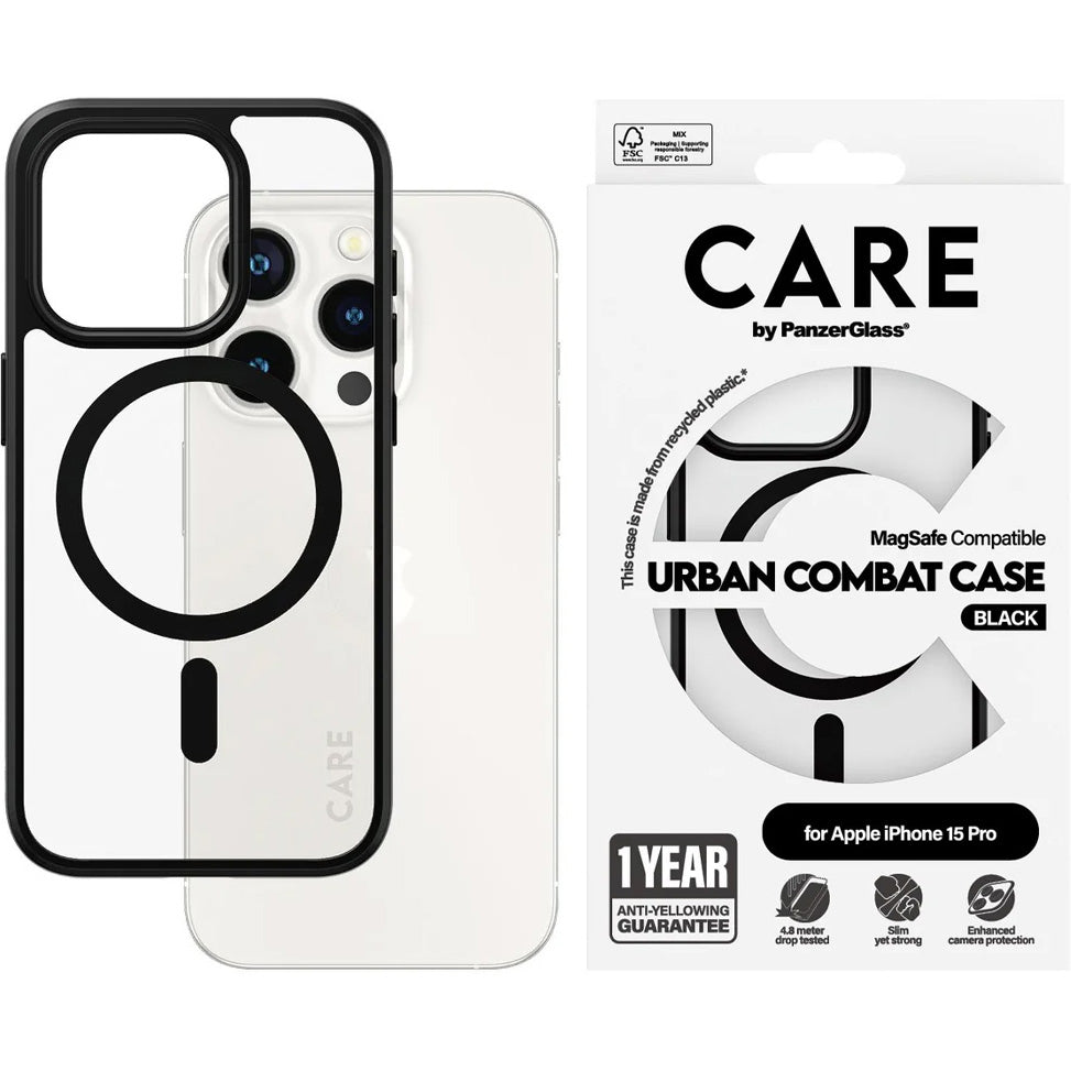 Handyhülle für iPhone 15 Pro, Care by PanzerGlass Urban Combat Case MagSafe, Transparent mit schwarz