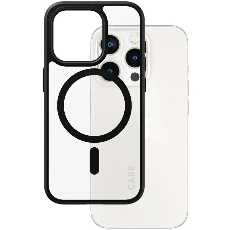 Handyhülle für iPhone 15 Pro, Care by PanzerGlass Urban Combat Case MagSafe, Transparent mit schwarz
