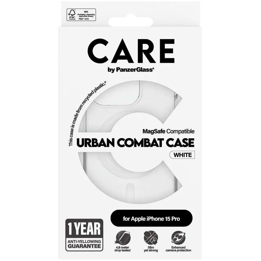 Handyhülle für iPhone 15 Pro, Care by PanzerGlass Urban Combat Case MagSafe, Transparent mit weiß