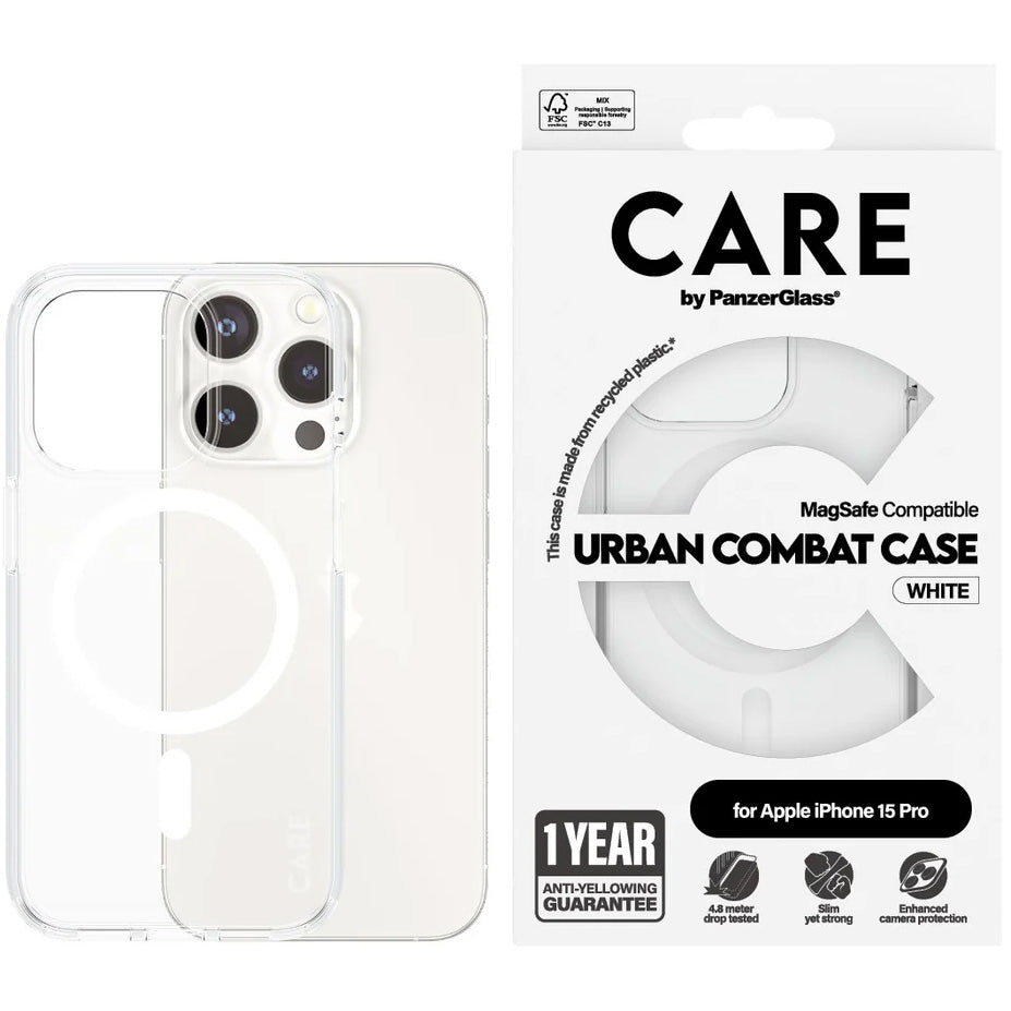 Handyhülle für iPhone 15 Pro, Care by PanzerGlass Urban Combat Case MagSafe, Transparent mit weiß