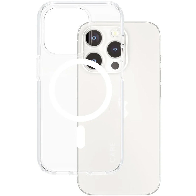 Handyhülle für iPhone 15 Pro, Care by PanzerGlass Urban Combat Case MagSafe, Transparent mit weiß