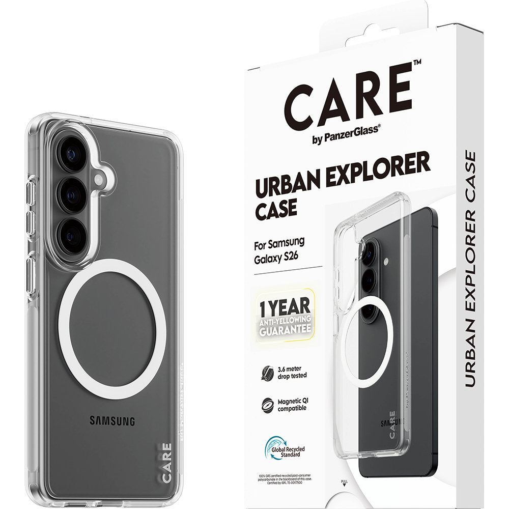 Handyhülle für Galaxy S26, CARE by PanzerGlass Urban Explorer Case mit MagSafe, Transparent und Weiß