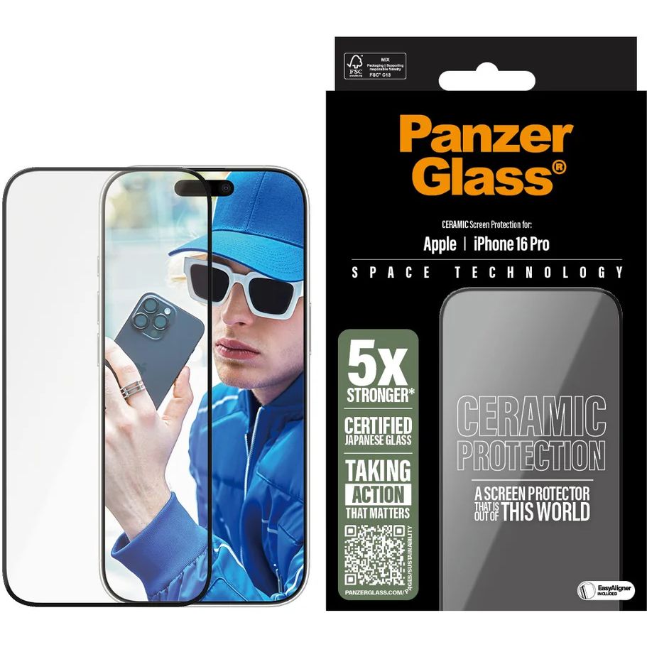 Gehärtetes Glas für iPhone 16 Pro, PanzerGlass Ceramic Ultra-Wide Fit + EasyAligner