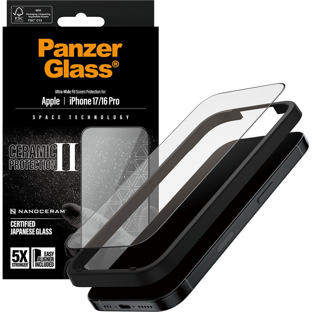 Gehärtetes Glas mit Applikator für iPhone 17 / 16 Pro, PanzerGlass Ceramic Ultra-Wide Fit + EasyAligner