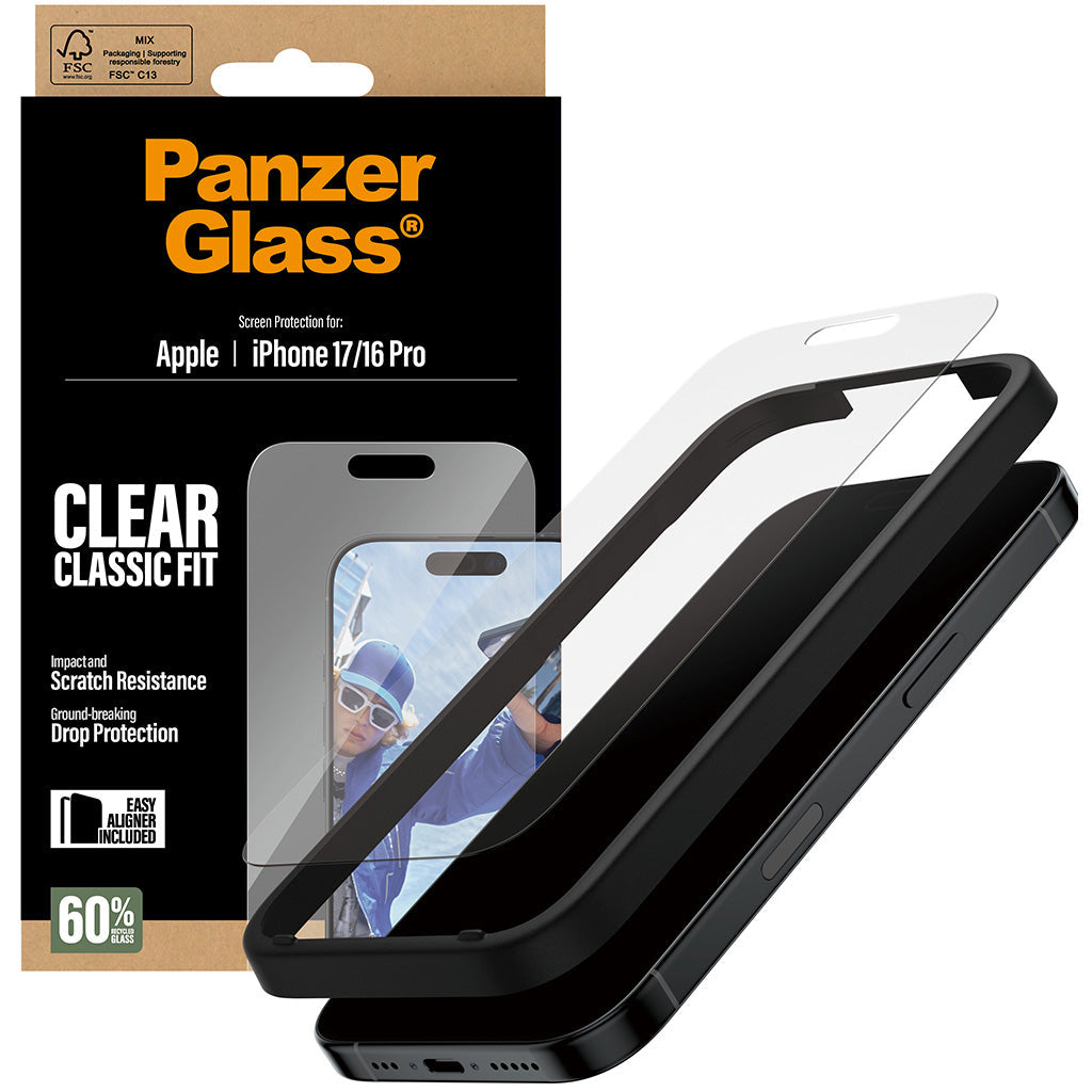 Gehärtetes Glas mit Applikator für iPhone 17 / 16 Pro, PanzerGlass Classic Fit EasyAligner