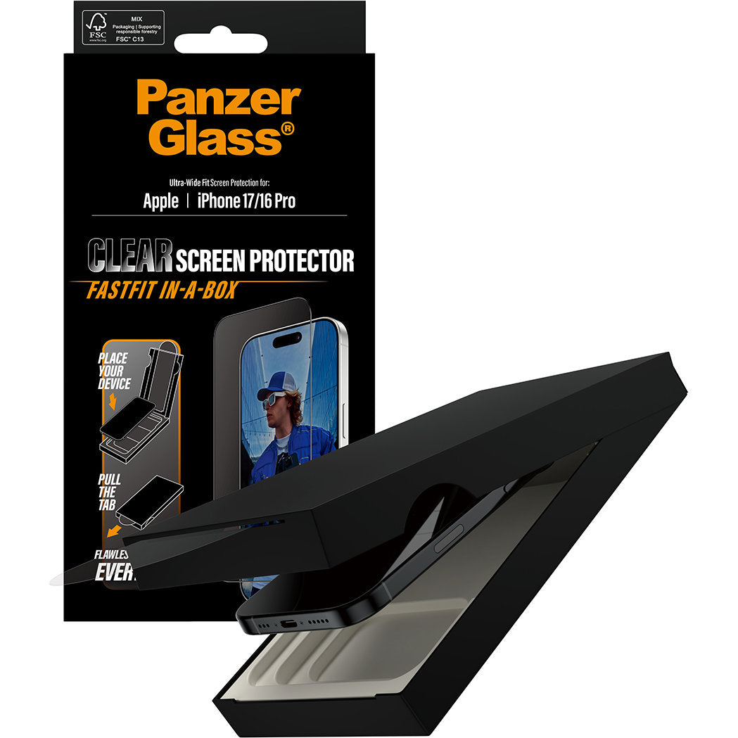 Gehärtetes Glas mit Applikator für die Schutzhülle für iPhone 17 / 16 Pro, PanzerGlass ClearUltra-Wide Fastfit