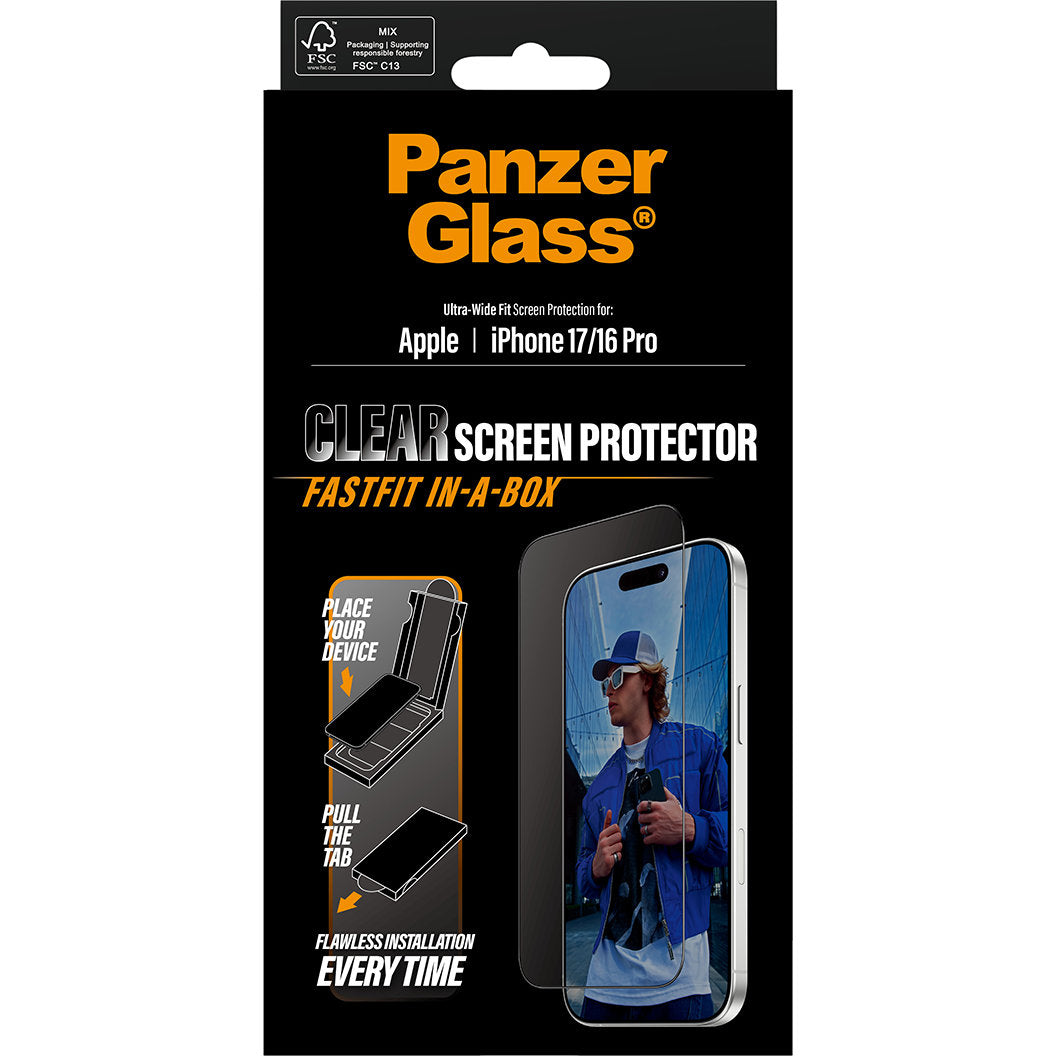 Gehärtetes Glas mit Applikator für die Schutzhülle für iPhone 17 / 16 Pro, PanzerGlass ClearUltra-Wide Fastfit