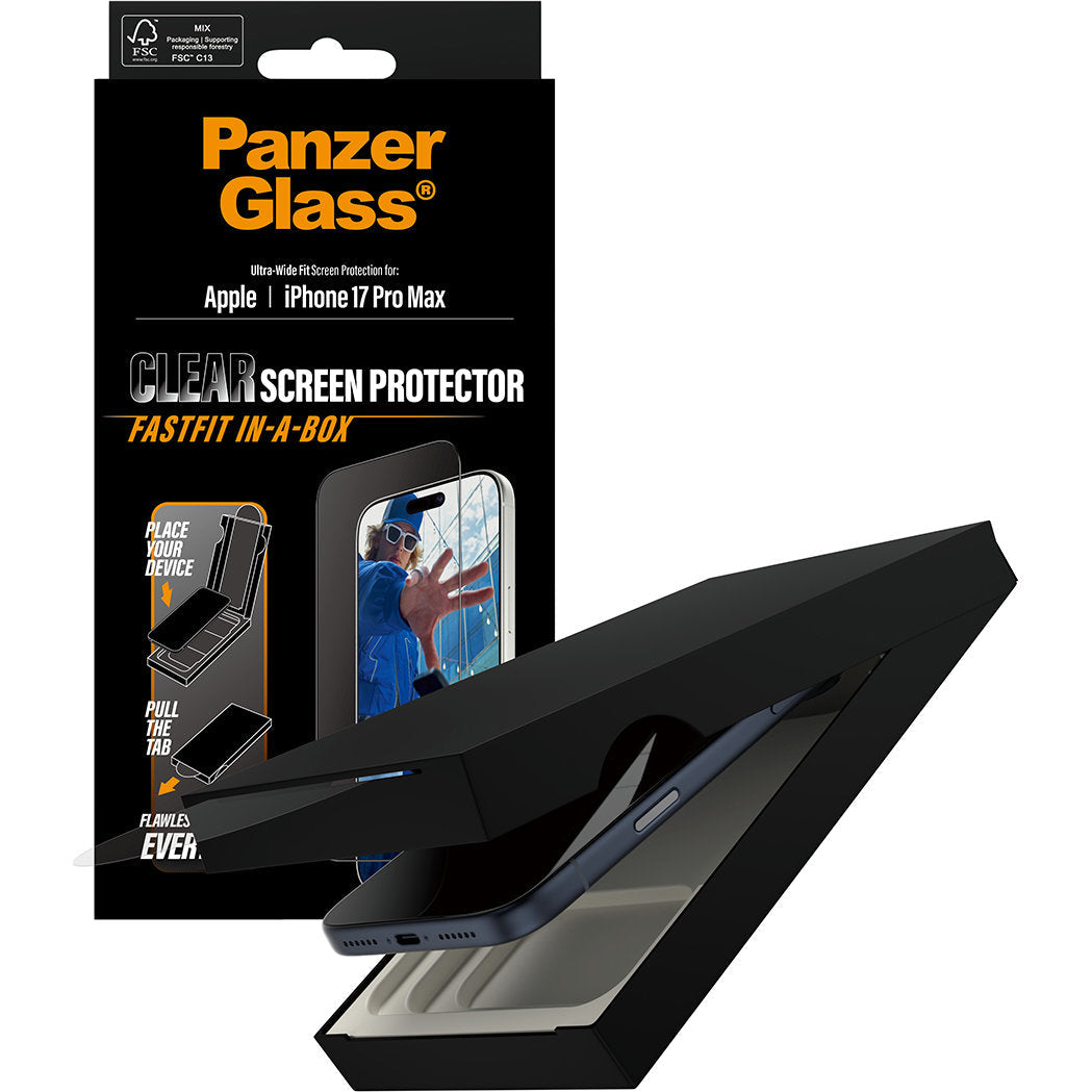 Gehärtetes Glas mit Applikator für die Schutzhülle für iPhone 17 Pro Max, PanzerGlass Clear Ultra-Wide Fastfit