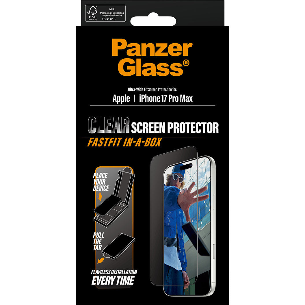 Gehärtetes Glas mit Applikator für die Schutzhülle für iPhone 17 Pro Max, PanzerGlass Clear Ultra-Wide Fastfit
