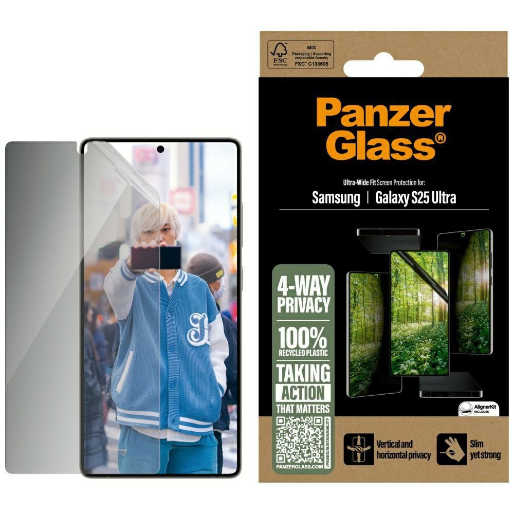 Sichtschutzglas mit Applikator für Galaxy S25 Ultra, PanzerGlass Ultra-Wide Fit Matrix + AlignerKit