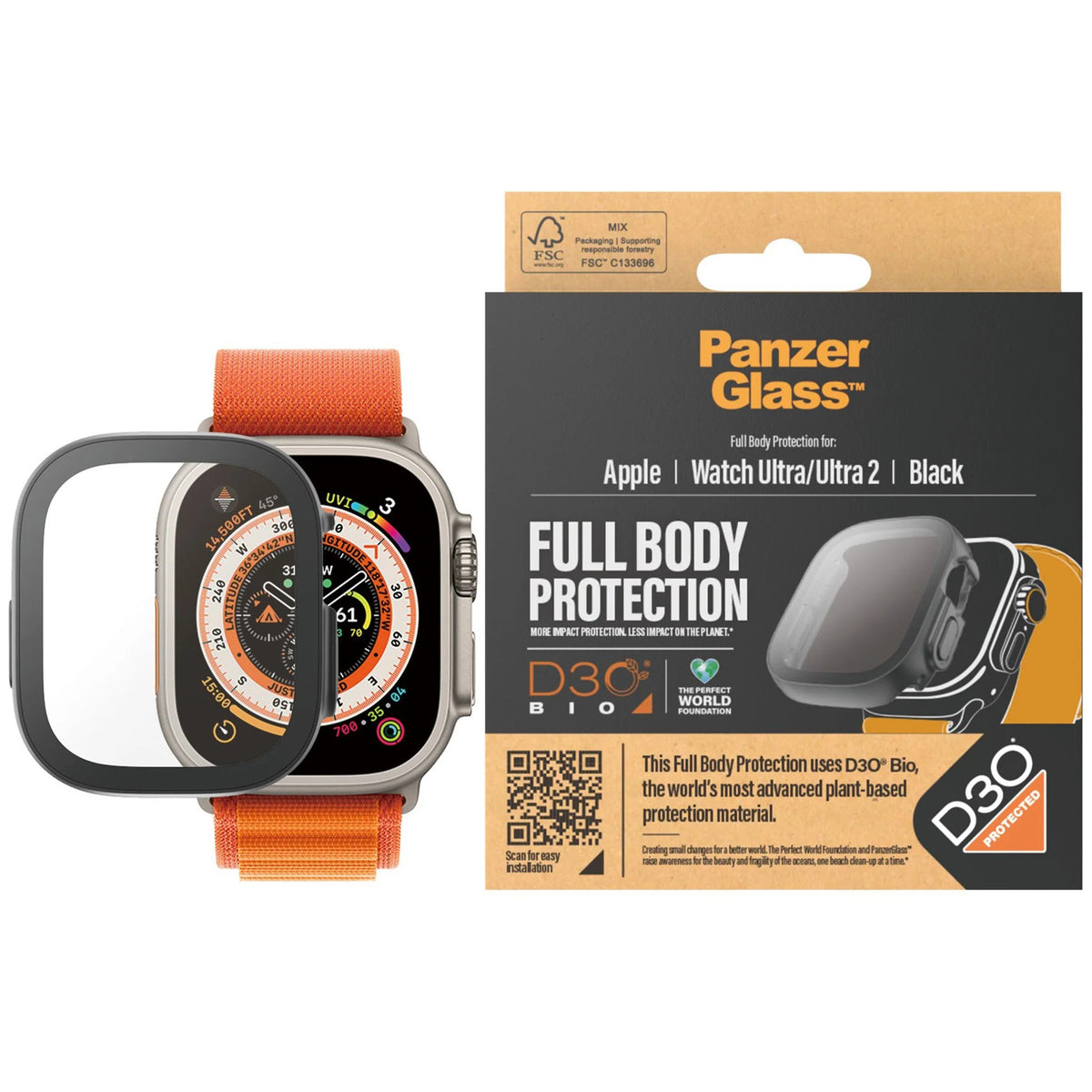 Hülle mit integriertem gehärtetem Glas PanzerGlass Full Body Protection für Apple Watch Ultra 4/3/2/1 49 mm, Schwarz