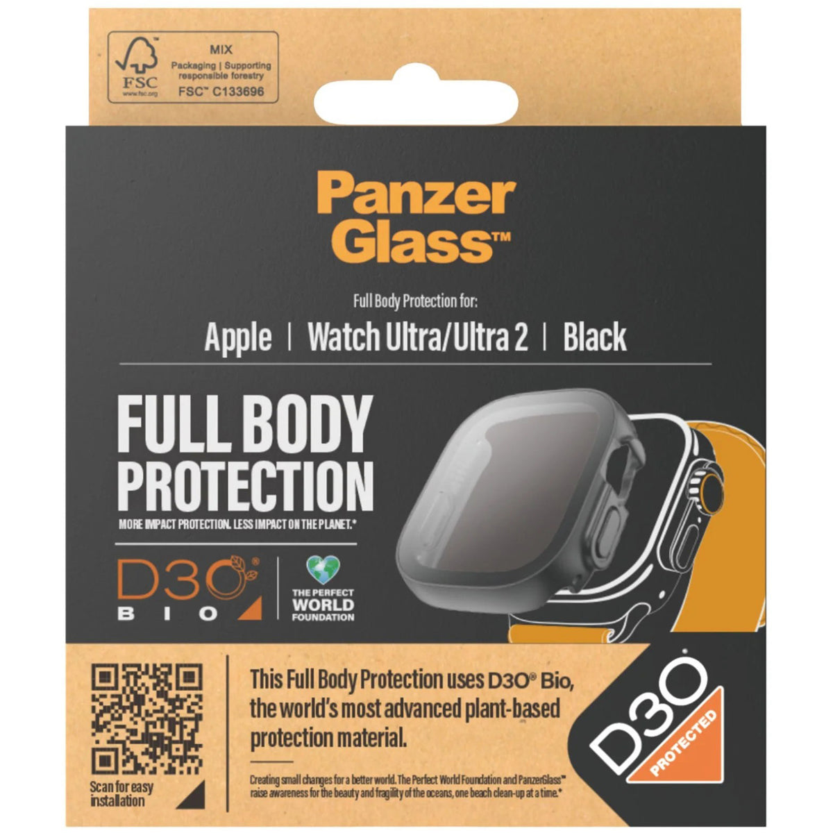Hülle mit integriertem gehärtetem Glas PanzerGlass Full Body Protection für Apple Watch Ultra 4/3/2/1 49 mm, Schwarz